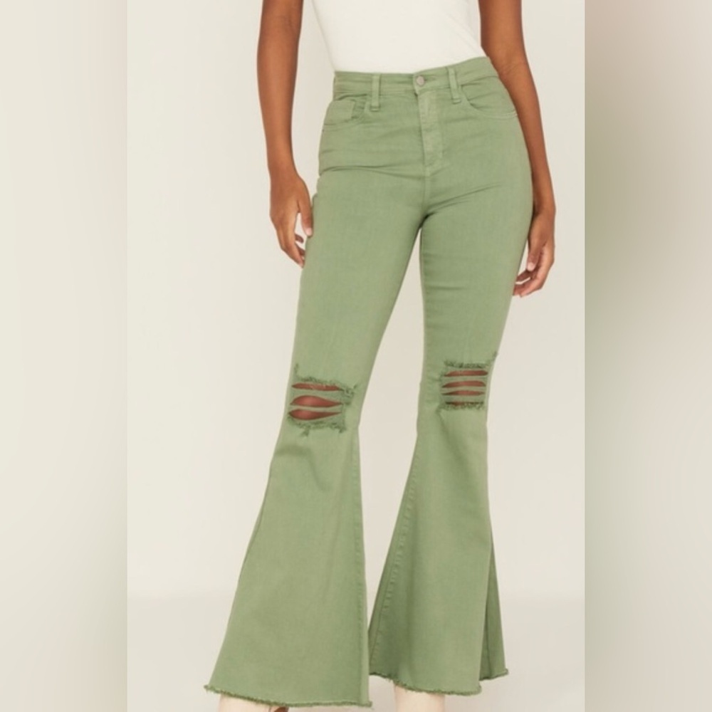 Green Bell Bottom Flare Jeans Women's 29 Festival Boho Retro Western Distressed